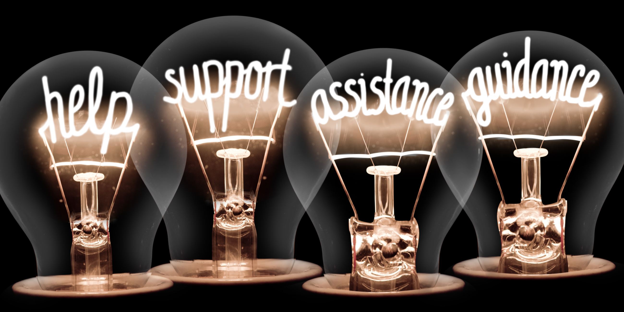 help support assistance guidance written on light bulbs