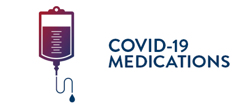 An image of an IV drip bag with text saying COVID-19 Medications